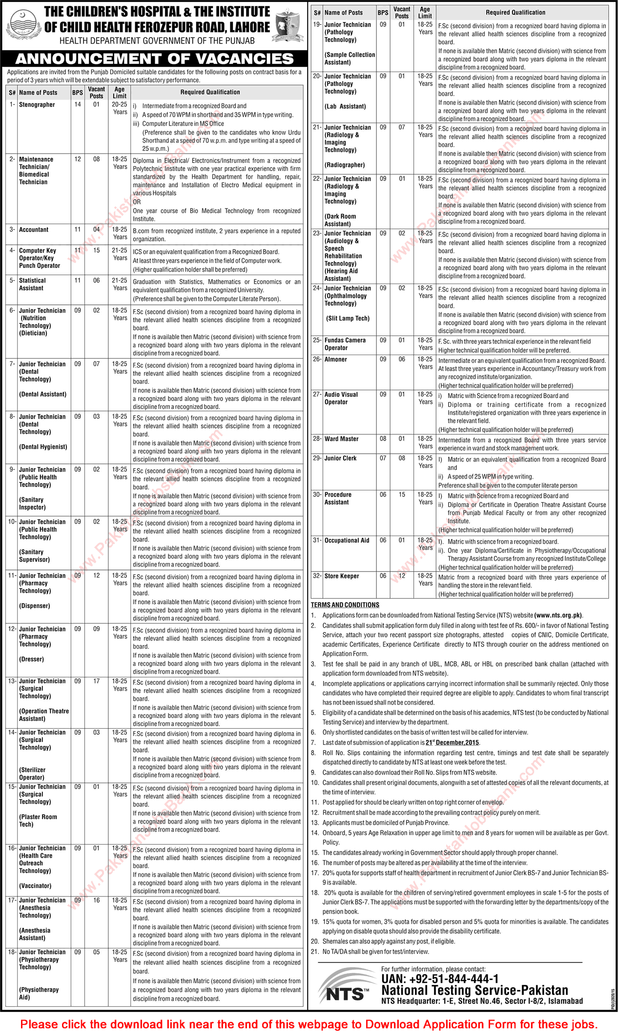Children's Hospital Lahore Jobs 2015 December NTS Application Form The Institute of Child Health CHICH Latest
