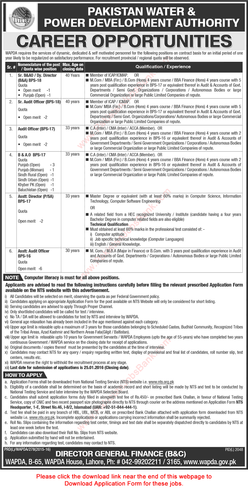 WAPDA Jobs 2016 Lahore NTS Application Form Download Audit / Accounts Officers & Others Latest