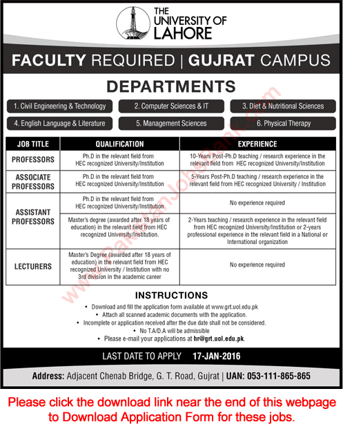 University of Lahore Gujrat Campus Jobs 2016 Application Form Download Teaching Faculty Latest