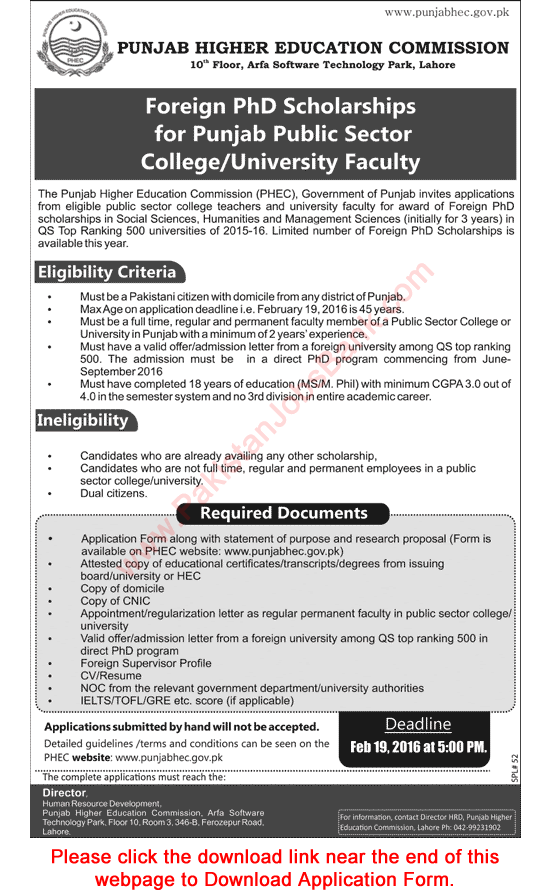 Punjab Higher Education Commission Foreign PhD Scholarships 2016 PHEC Application Form Download Latest