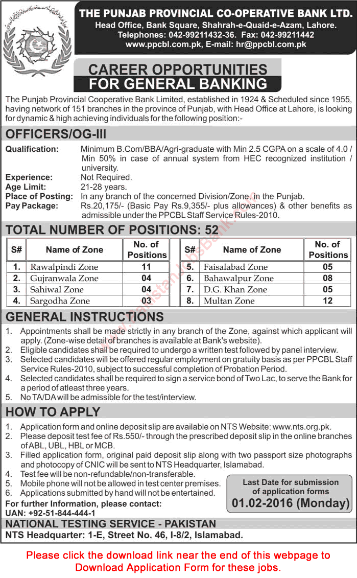 Punjab Provincial Cooperative Bank Jobs 2016 PPCBL NTS Application Form Officers Grade-III Latest