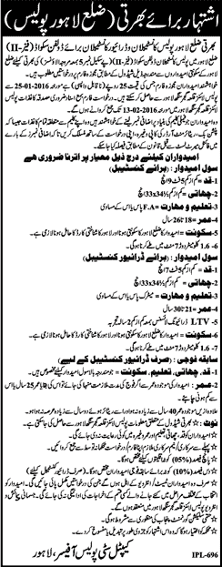Lahore Police Dolphin Squad Jobs 2016 Constables & Drivers for Phase-II Latest Advertisement