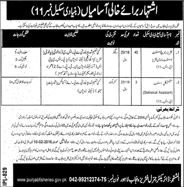 Fisheries Department Punjab Jobs 2016 Fisheries Research Assistants / Wardens & Statistical Assistants Latest