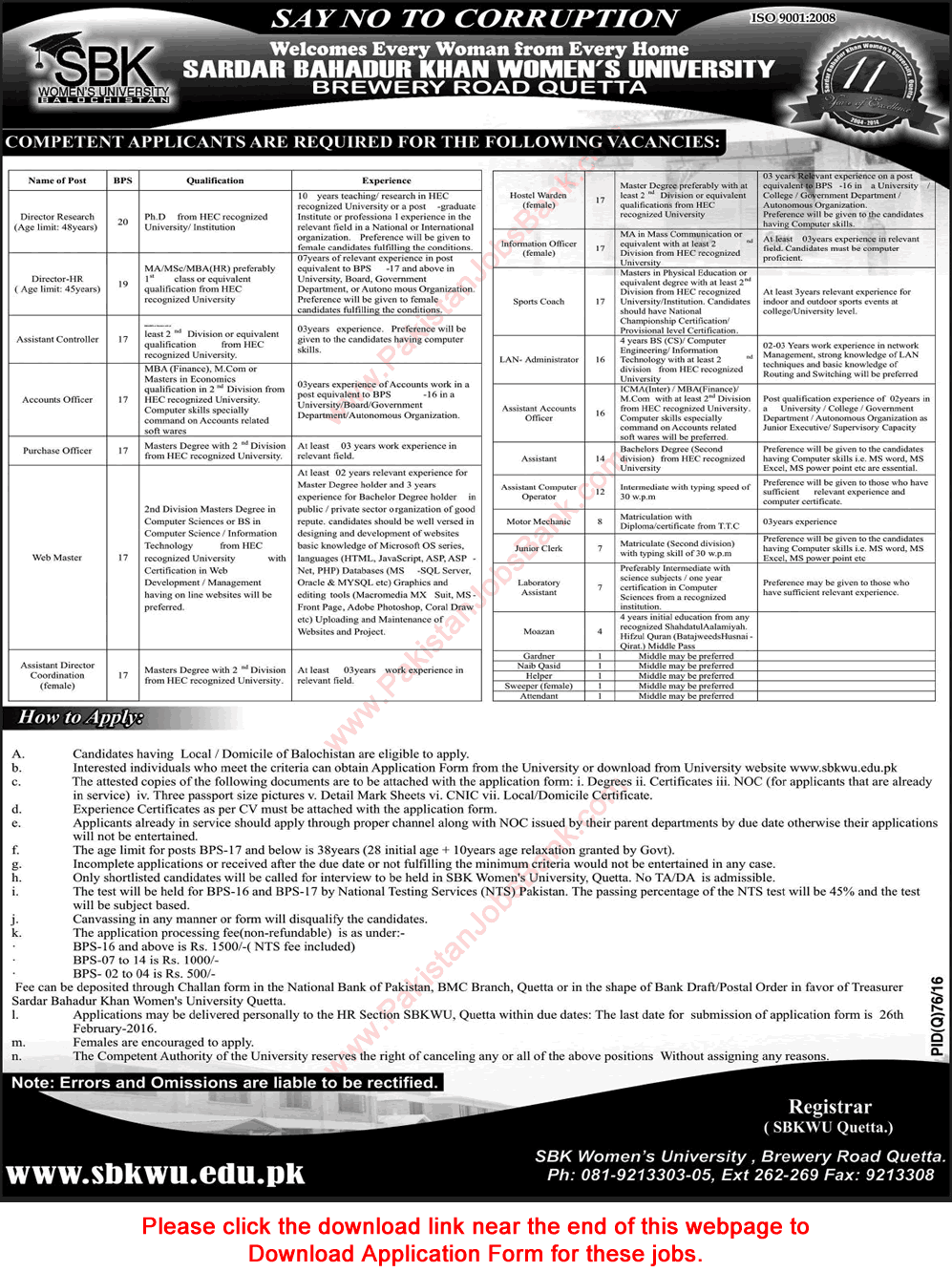 Sardar Bahadur Khan Women's University Quetta Jobs 2016 February SBKWU Application Form Download Latest
