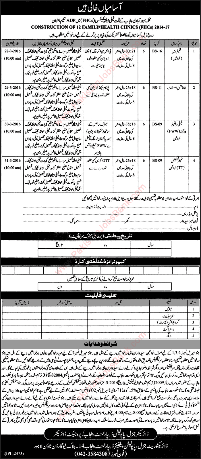 Population Welfare Department Punjab Jobs 2016 March at Family Health Clinics FHC Latest