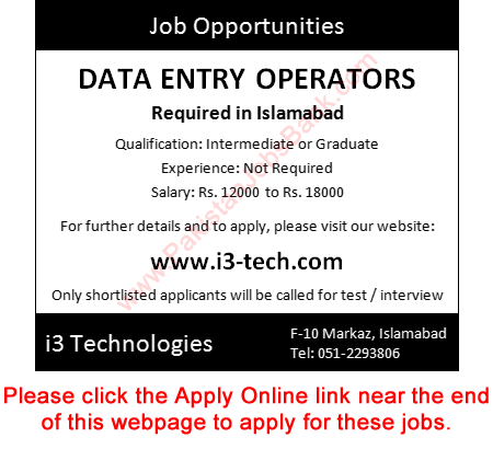 Data Entry Operator Jobs in Islamabad 2016 March at i3 Technologies Latest / New