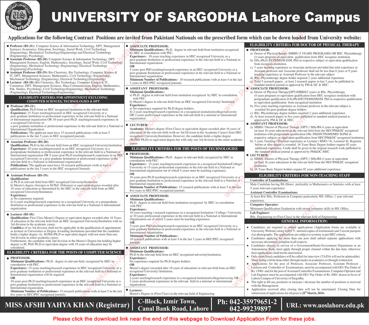 University of Sargodha Lahore Campus Jobs 2016 March Application Form Teaching Faculty Latest