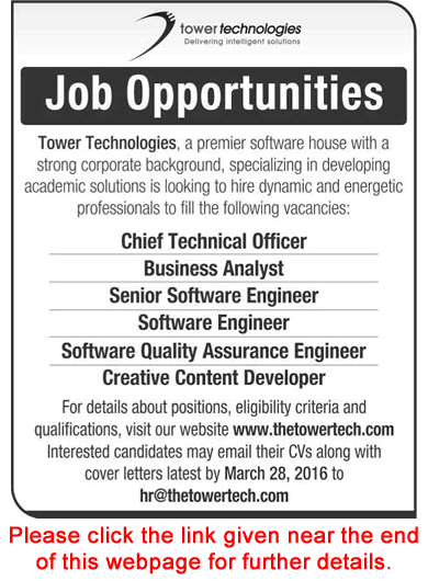 Tower Technologies Lahore Jobs 2016 March Software Engineers, Business Analyst & Others Latest