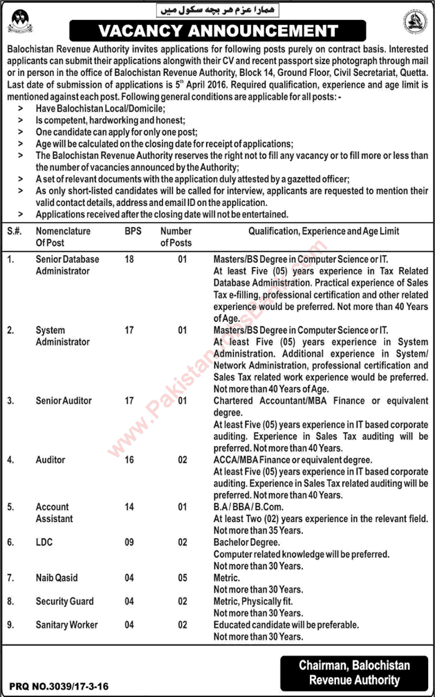 Balochistan Revenue Authority Jobs 2016 March Quetta System / Database Administrators, Auditors & Others Latest