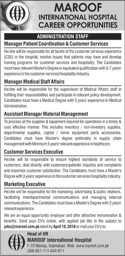 Maroof International Hospital Islamabad Jobs  March / April 2016 Managers, Marketing Executive & Others Latest