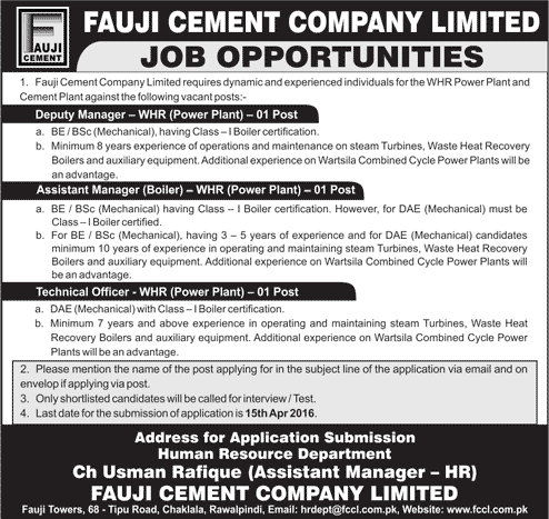 Fauji Cement Jobs April 2016 Attock Managers & Technical Officers WHR Power Plant Latest