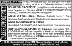 Excel Cables Lahore Jobs April 2016 Sales Officers, Coordinators & FDO / Telephone Operator Latest