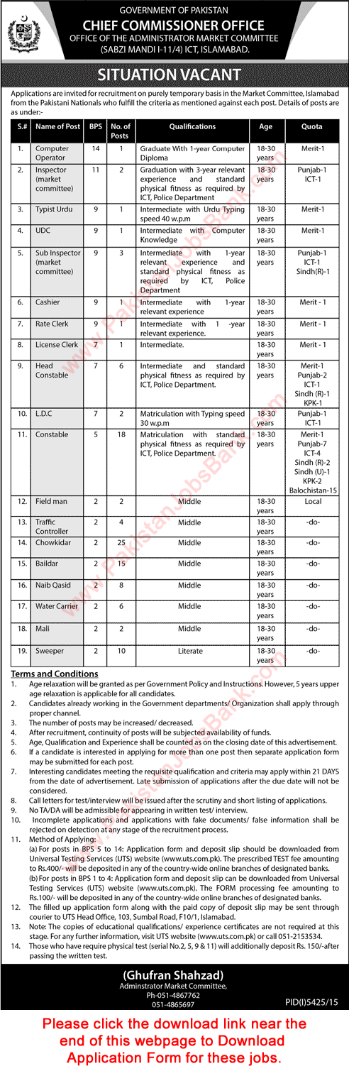 Market Committee Islamabad Jobs 2016 April UTS Application Form Constables, Chowkidar, Baildar & Others Latest