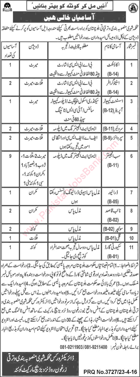 Planning and Development Department Balochistan Jobs 2016 April P&D Sub Engineers, Stenographers & Others latest