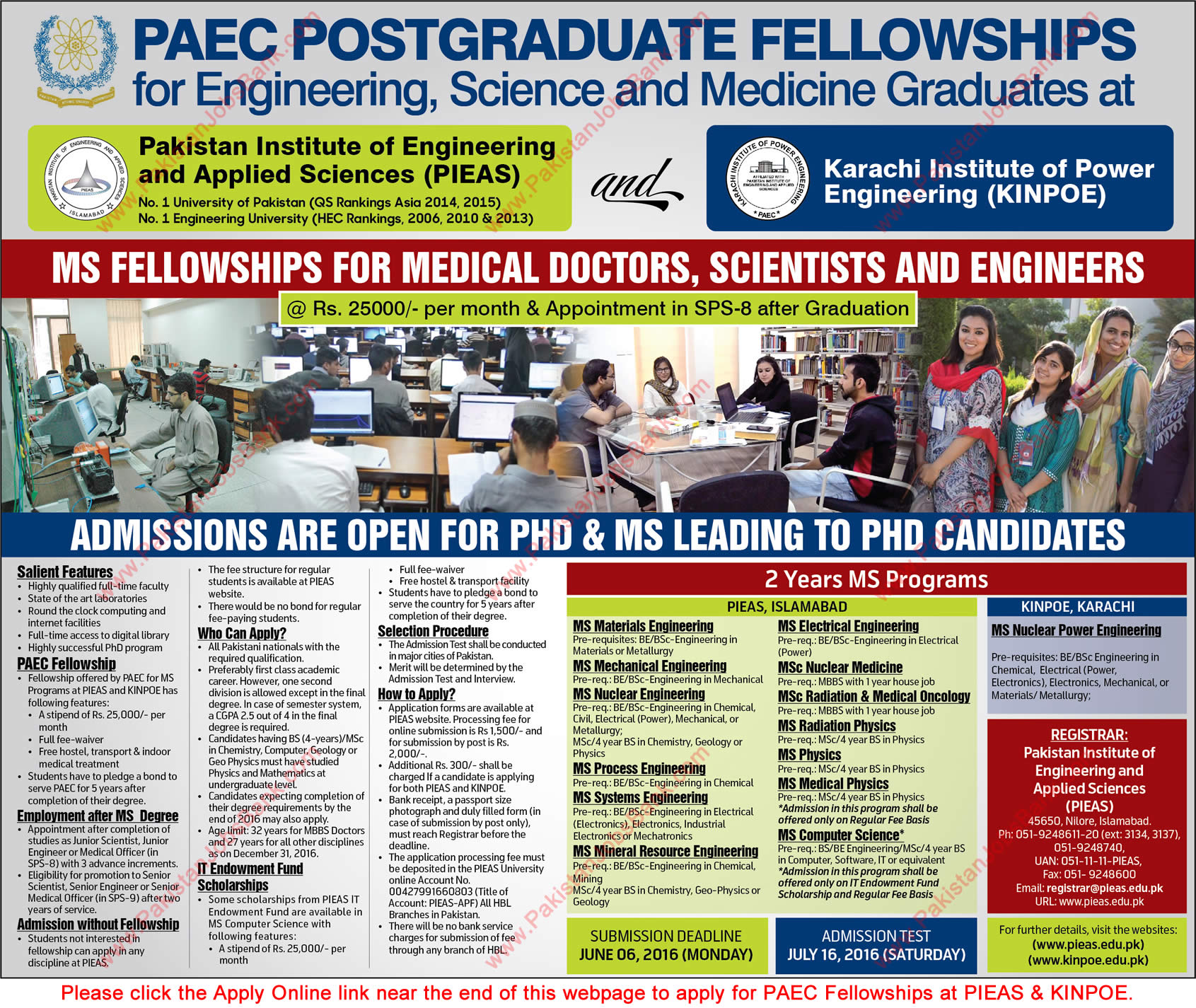 PAEC Fellowships 2016 Postgraduate / MS Programs at PIEAS & KINPOE Latest Advertisement