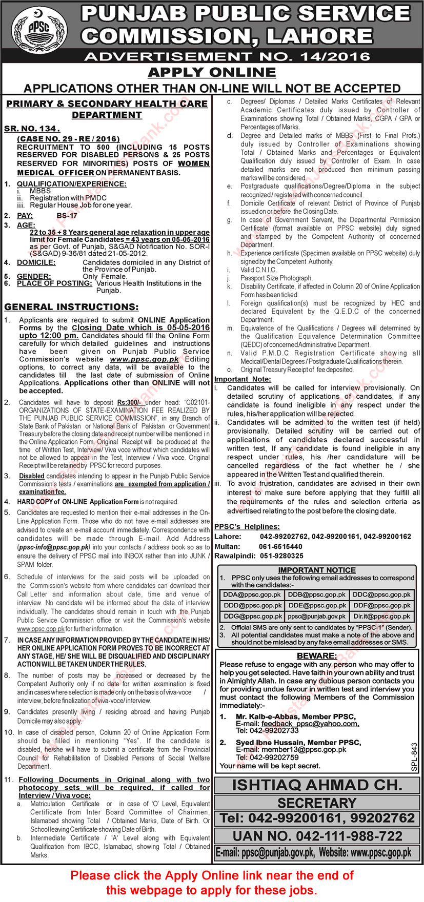 PPSC Women Medical Officer Jobs in Punjab Primary & Secondary Healthcare Department April 2016 Advertisement No 14/2016 Latest