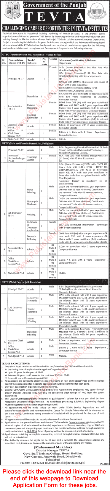 TEVTA Jobs May 2016 Faisalabad Government Technical Training Centers in Jails Application Form Latest