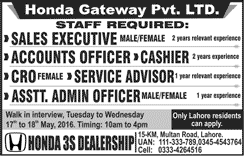 Honda Gateway Lahore Jobs 2016 May Sales Executives, CRO, Cashiers & Others Walk in Interviews Latest