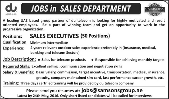 Samsons Group UAE Jobs 2016 May for Sales Executives Latest Advertisement