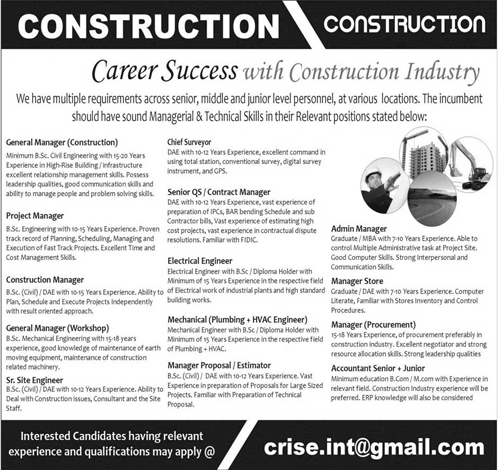 Construction Company Jobs in Pakistan May 2016 Crise International Latest