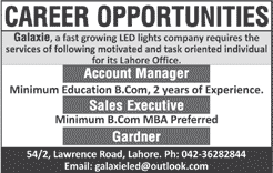 Galaxie LED Lights Company Lahore Jobs 2016 May Sales Executive, Accounts Manager & Gardner Latest