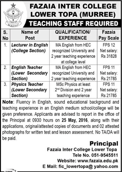 Fazaia Inter College Lower Topa Murree Jobs May 2016 Lecturers & Teachers Latest