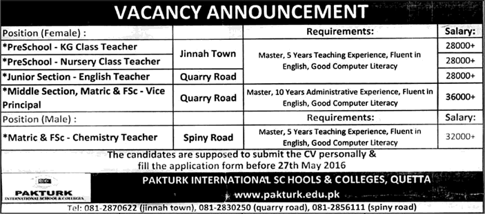 Pak Turk Schools Quetta Jobs May 2016 Teachers & Vice Principal at International Schools and Colleges Latest