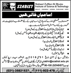 SZABIST Karachi Jobs May 2016 Shaheed Zulfiqar Ali Bhutto Institute of Science & Technology Latest