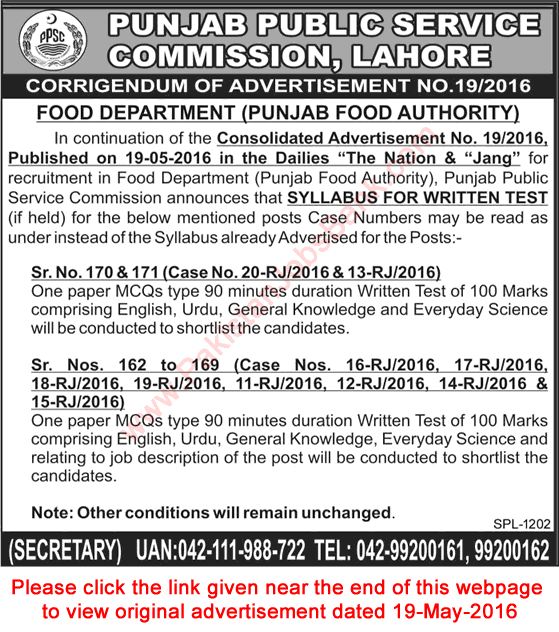 Punjab Food Authority Jobs May 2016 PPSC Consolidated Advertisement No 19/2016 Corrigendum Latest