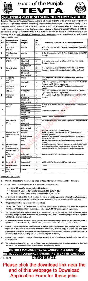 TEVTA Jobs May 2016 Punjab Jauharabad Government College of Technology Application Form Latest