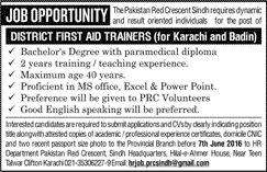 Pakistan Red Crescent Society Sindh Jobs 2016 June District First Aid Trainers Latest