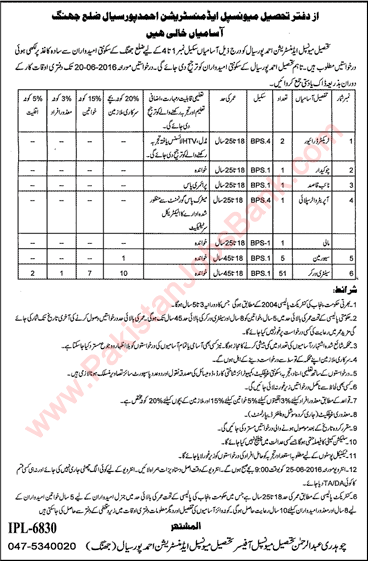 TMA Ahmedpur Sial Jobs 2016 June Jhang Sanitary Workers & Others Tehsil Municipal Administration Latest