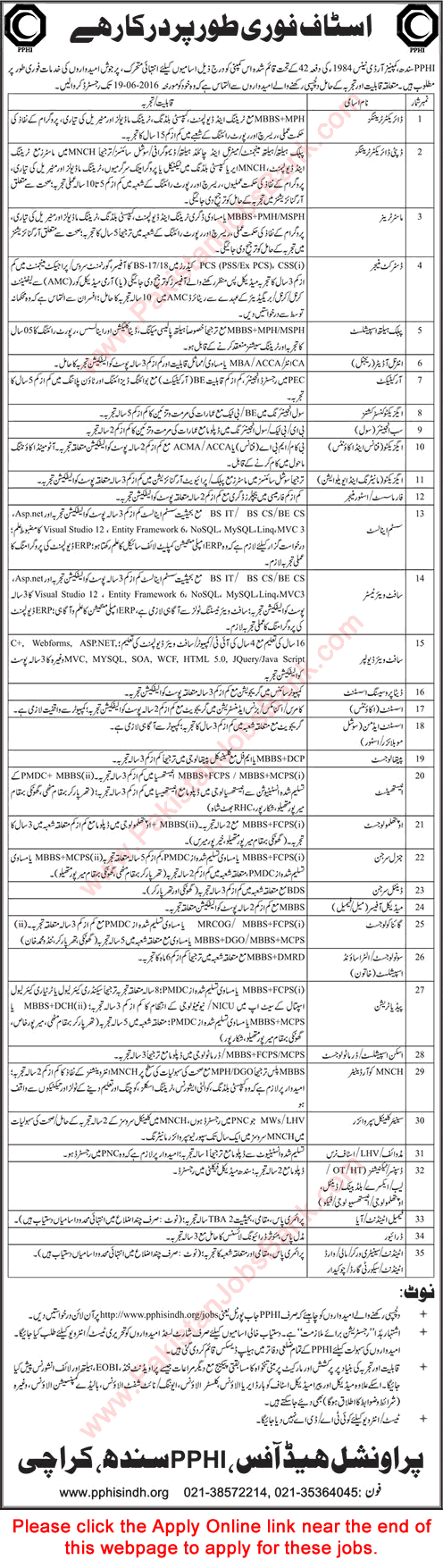 PPHI Sindh Jobs June 2016 Apply Online Medical Officers, Specialist Doctors, Technicians & Others Latest