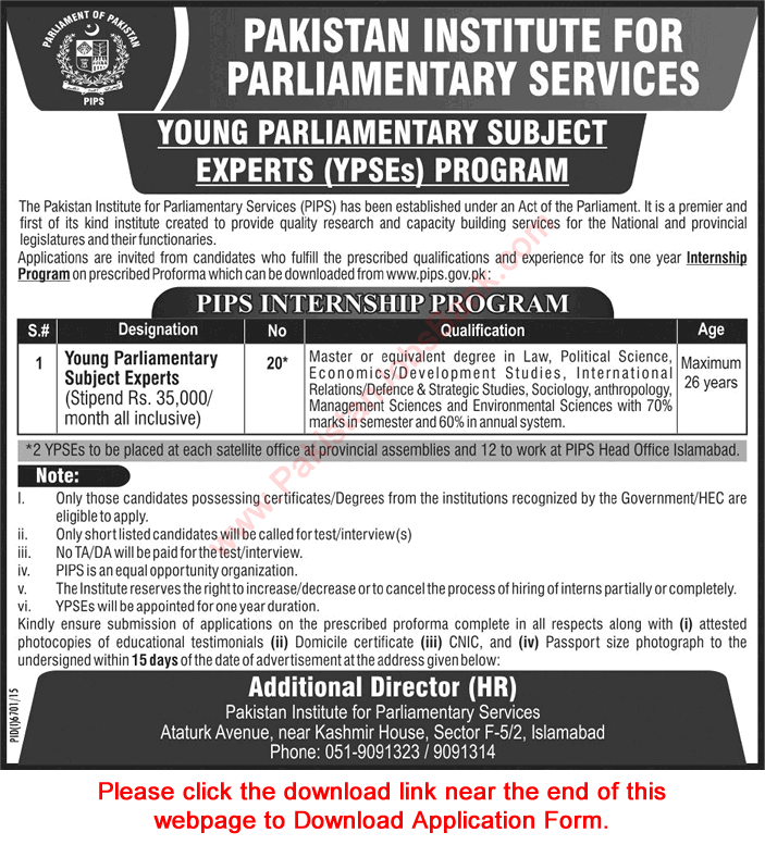 PIPS Internship Program 2016 June Application Form Pakistan Institute for Parliamentary Services YPSEs Latest