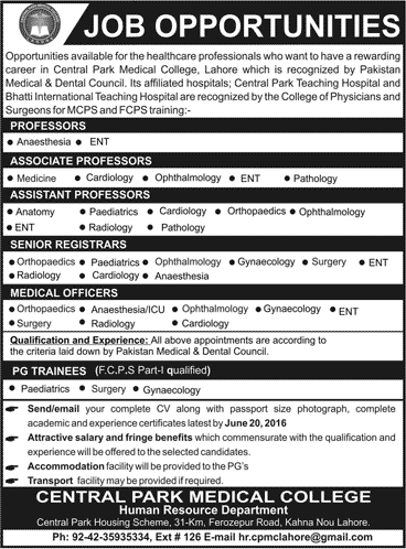 Central Park Medical College Lahore Jobs June 2016 Teaching Faculty, Medical Officers & Postgraduate Trainees Latest
