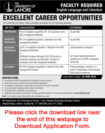 University of Lahore Jobs June 2016 Application Form Teaching Faculty Latest
