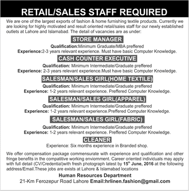 Retail / Sales Jobs in Lahore & Islamabad June 2016 Salesmen, Cash Counter Executives & Others Latest