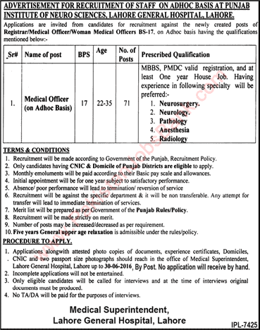 Medical Officer Jobs in Lahore General Hospital June 2016 Punjab Institute of Neuro Sciences (PINS) Latest