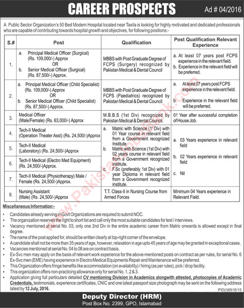 PO Box 2399 GPO Islamabad Jobs 2016 June Medical Officers, Specialist Doctors, Technicians & Nursing Assistant Latest