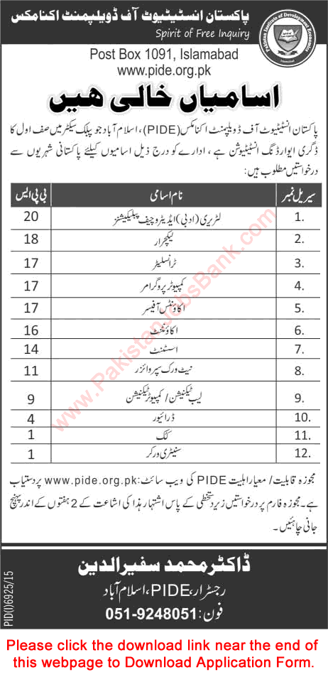 Pakistan Institute of Development Economics Islamabad Jobs June 2016 PIDE Application Form Latest