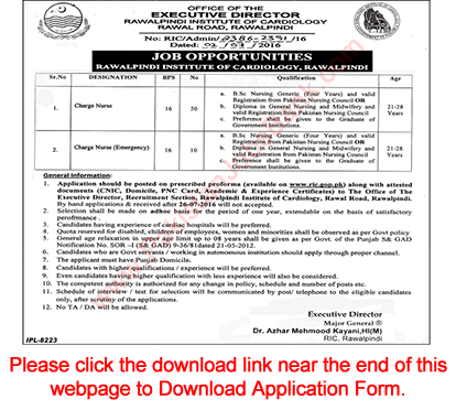 Charge Nurses Jobs in Rawalpindi Institute of Cardiology July 2016 RIC Application Form Download Latest