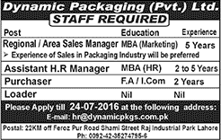 Dynamic Packaging Pvt Ltd Lahore Jobs 2016 July Sales / HR Manager , Purchaser & Loader Latest