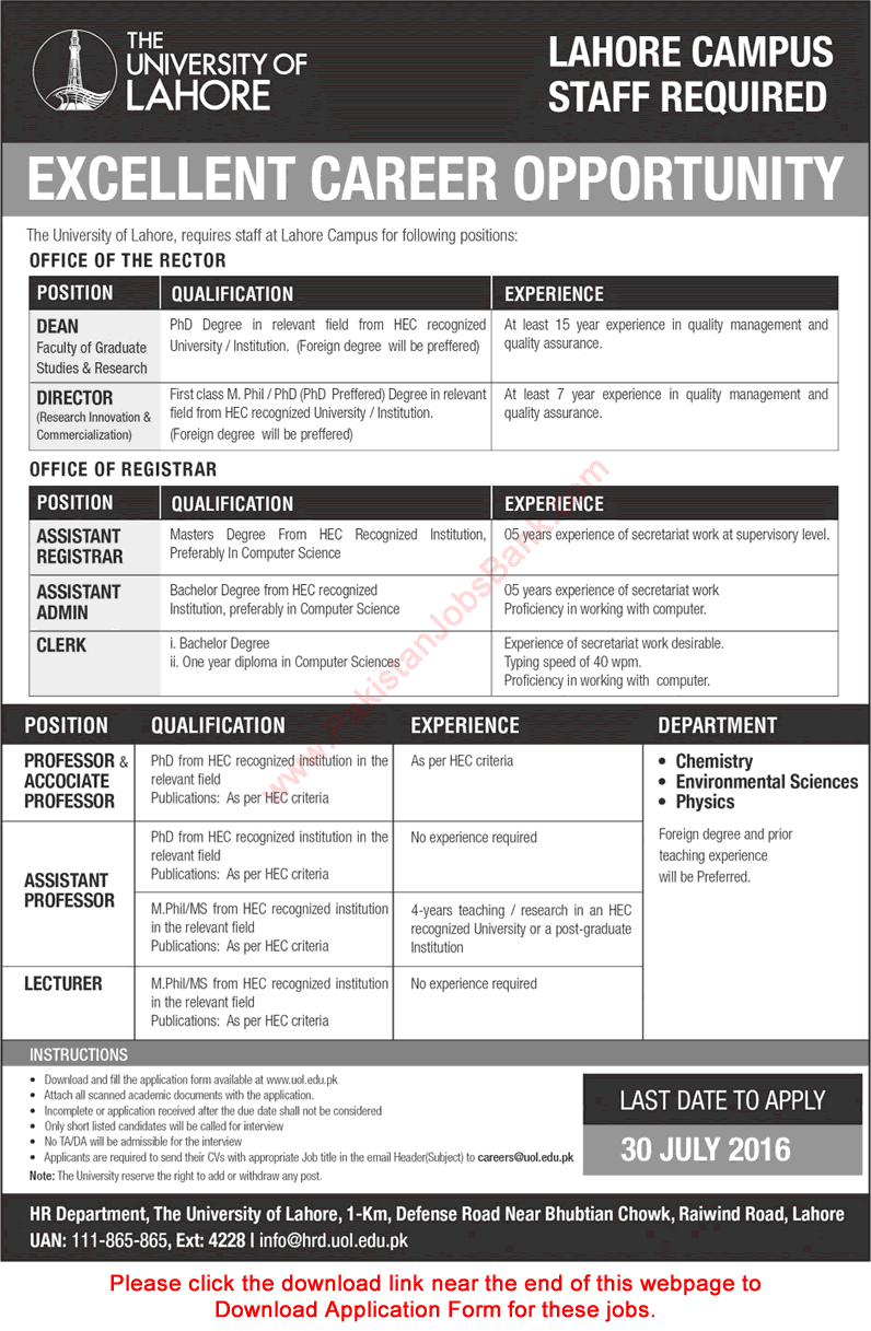 University of Lahore Jobs July 2016 Application Form Teaching Faculty & Admin Staff Latest