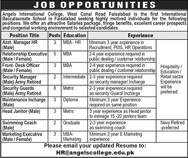 Angels International College Faisalabad Jobs 2016 July Relationship Executives, FDO, Security Guards & Others Latest