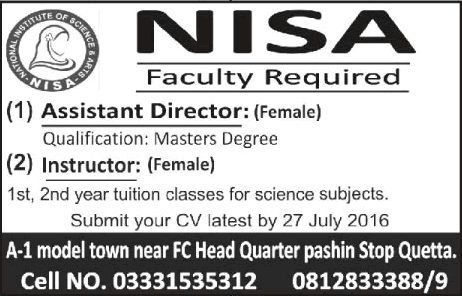 Female Instructor & Assistant Director Jobs in Quetta July 2016 at NISA Institute Latest