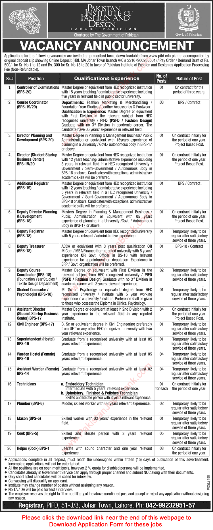 Pakistan Institute of Fashion and Design Lahore Jobs 2016 July PIFD Application Form Download Latest