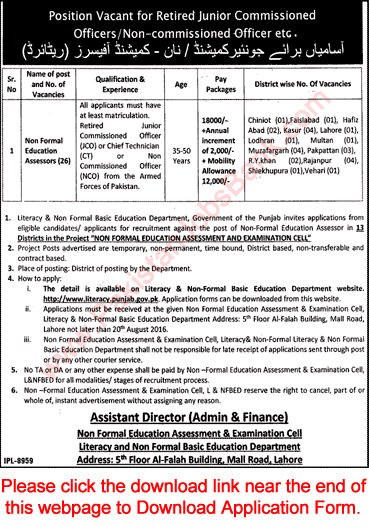 Non Formal Education Assessor Jobs in Literacy Department Punjab July 2016 Application Form Download Latest