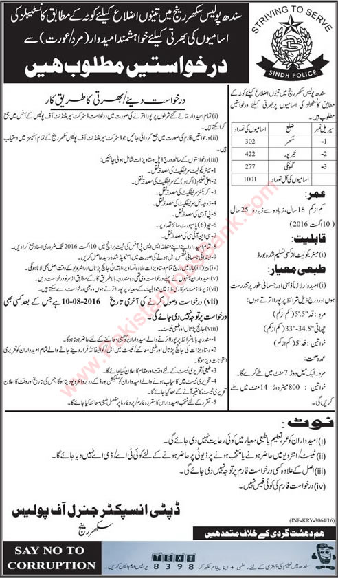 Sindh Police Constable Jobs July 2016 August in Sukkur, Khairpur & Ghotki Latest / New