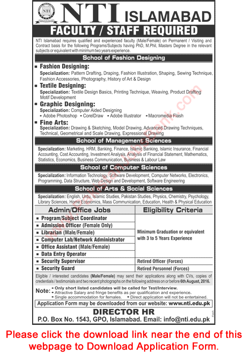 National Textile Institute Islamabad Jobs 2016 July / August NTI Application Form Teaching Faculty & Others Latest