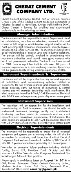 Cherat Cement Company Limited Jobs July 2016 August Instrument Supervisors & Others Latest